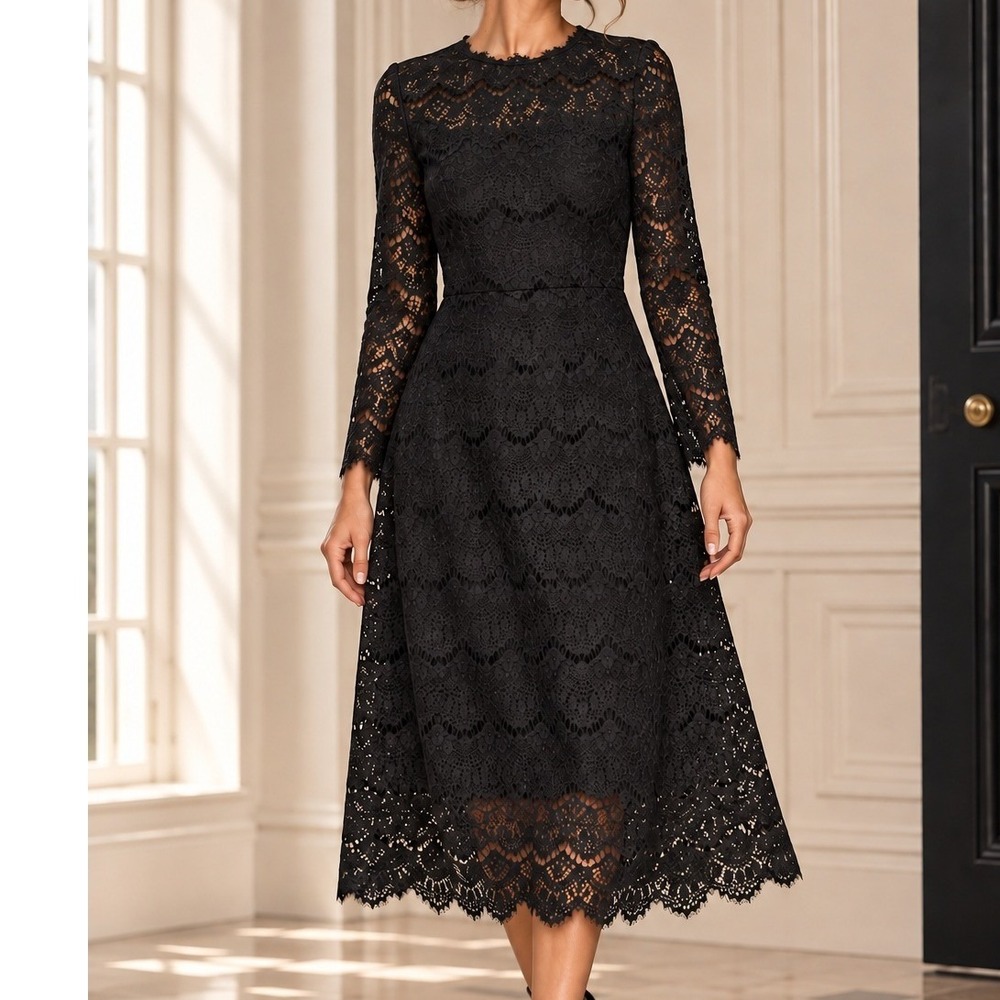 Ted Baker London Black Lace Midi Dress Long Sleeve Scalloped Sheath Size 3 US 8